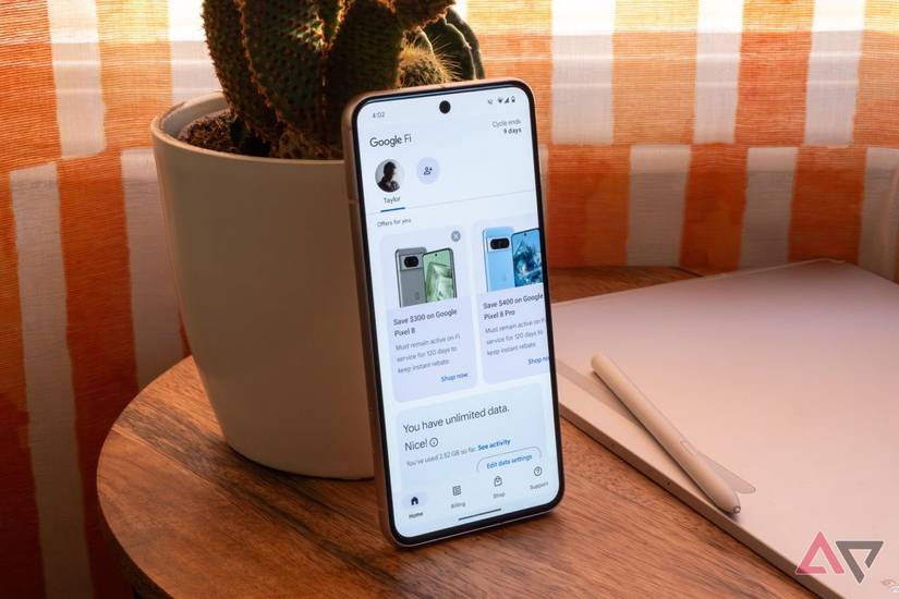 屏幕上显示 Google Fi 应用的 Google Pixel 9 手机