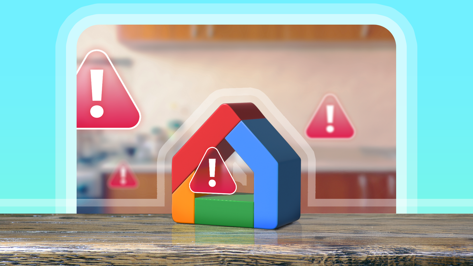 Logotipo do Google Home em uma mesa de madeira com sinais de alerta ao redor.