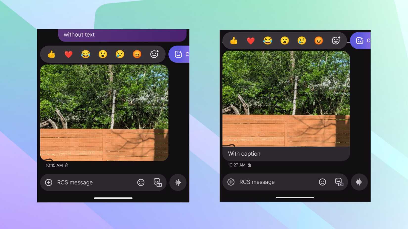 Vengono visualizzate le schermate che evidenziano la reazione automatica ai messaggi di Google Messaggi.