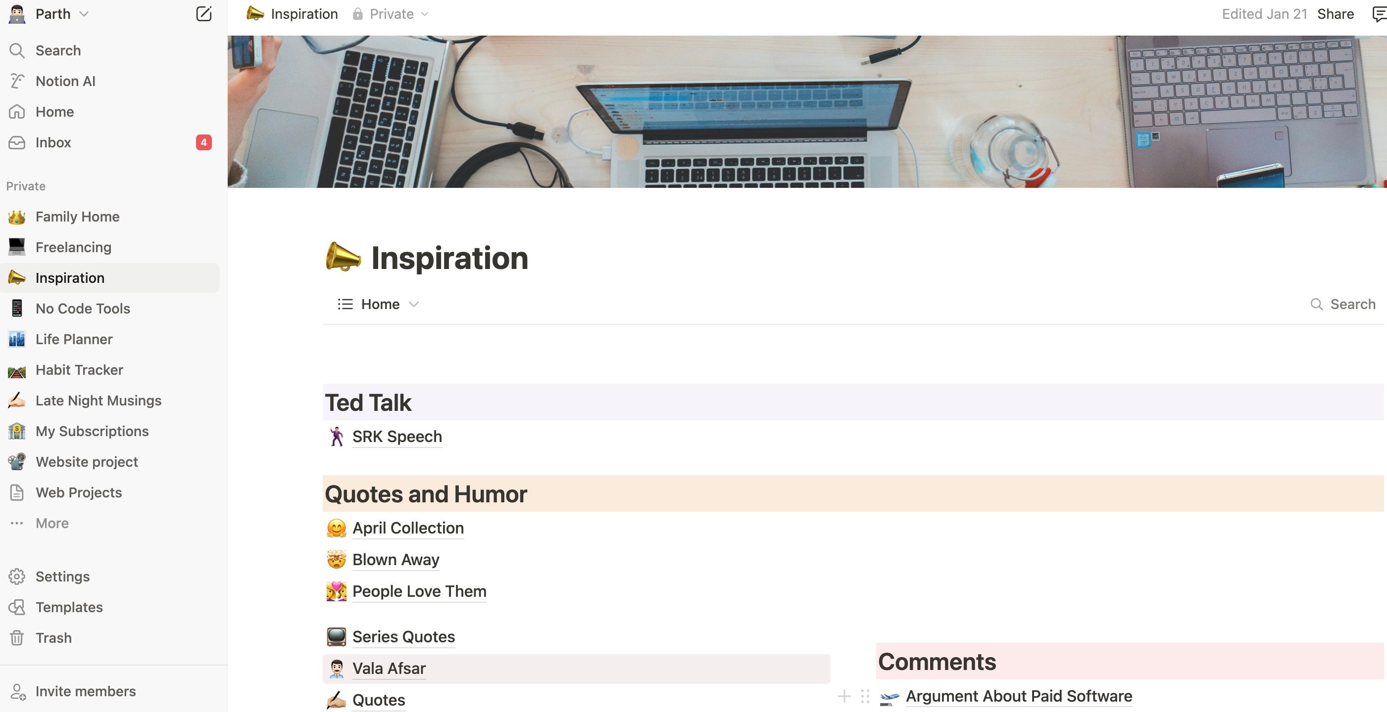 Notionのワークスペース画面。左側にサイドバーのページツリー、右側にコンテンツが表示されている