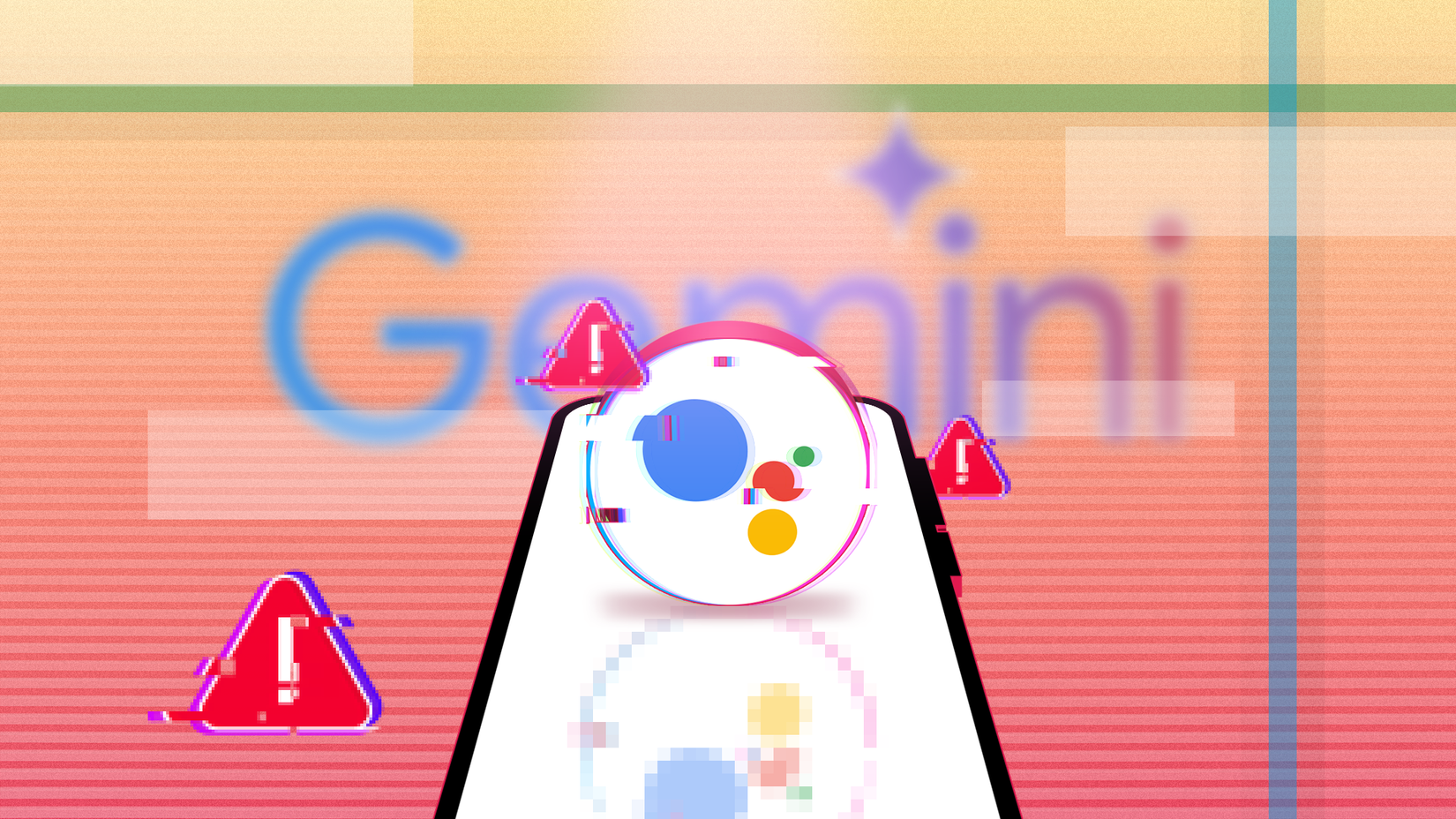 Ilustração de uma tela de smartphone com o logotipo do Google Assistente acima com efeito de falha, cercado por ícones de alerta, e o logotipo do Gemini desfocado no fundo.