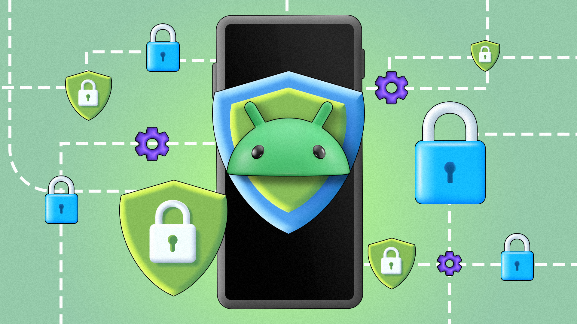 Ilustração de um smartphone com o logotipo do Android em um escudo e ícones de privacidade ao redor.