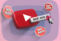Illustration of the YouTube logo with a cursor on the skip ads button.