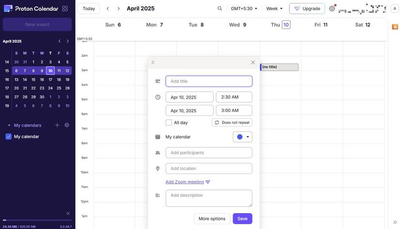 Screenshot of Proton Calendar on a Windows desktop