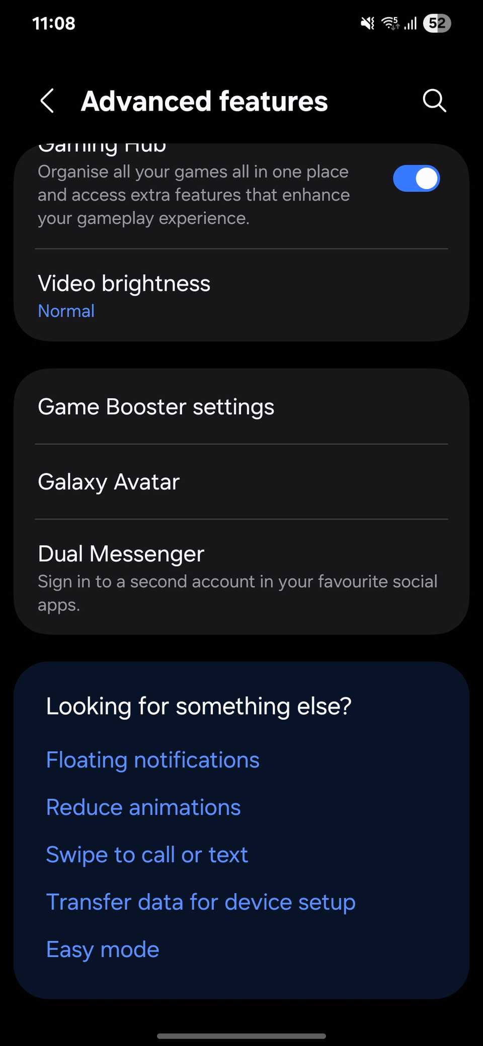 Advanced features settings on a Samsung phone showing options like Gaming Hub, Video brightness, and Dual Messenger
