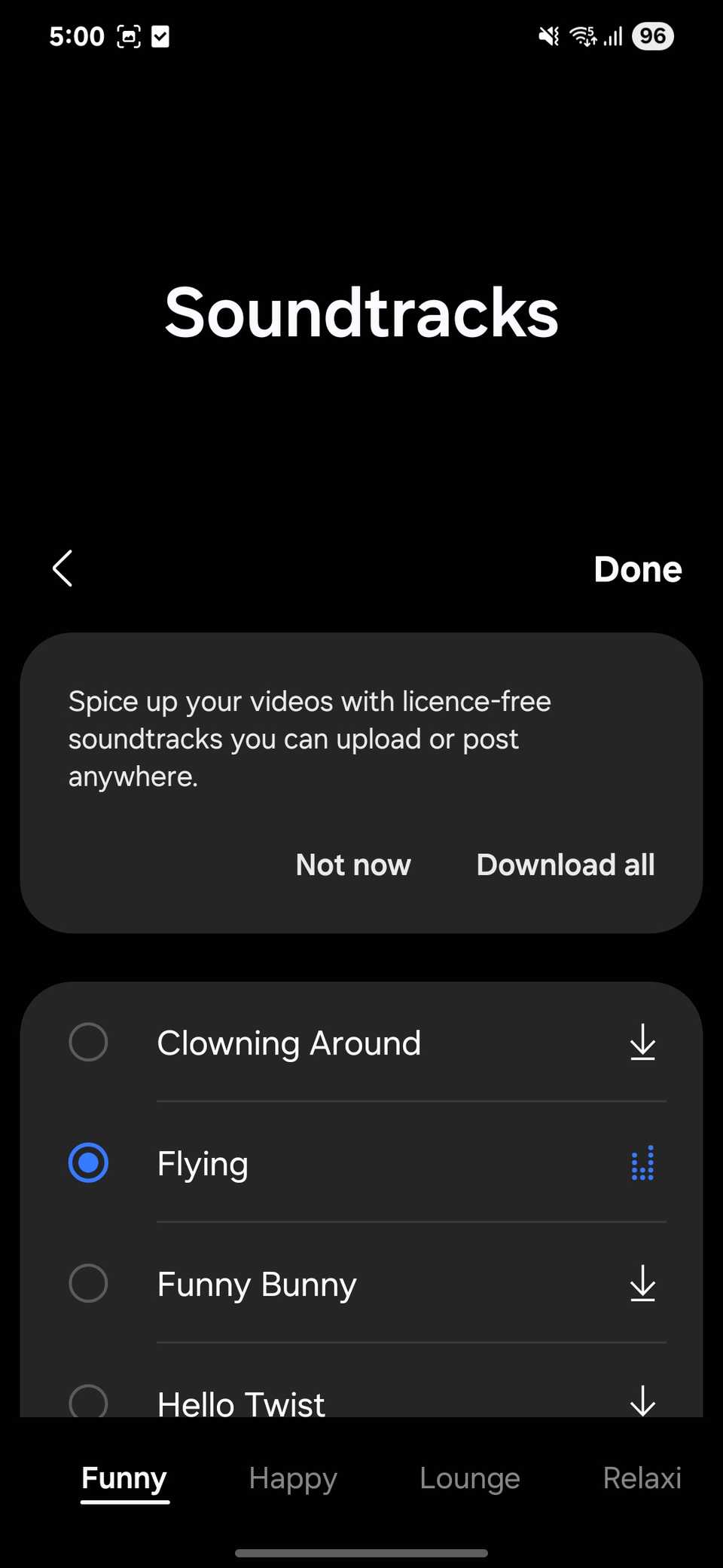 Samsung Studio soundtracks menu with “Flying” audio selected
