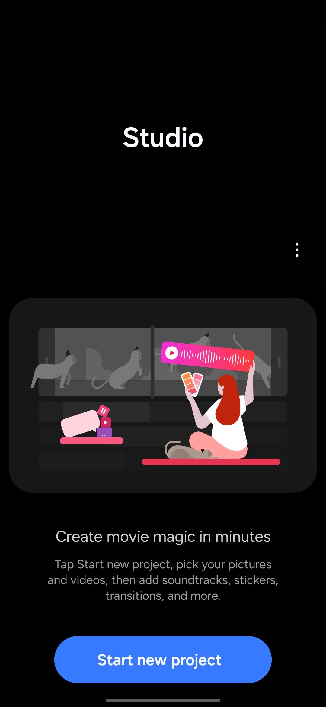 Samsung Studio start screen with “Start new project” button