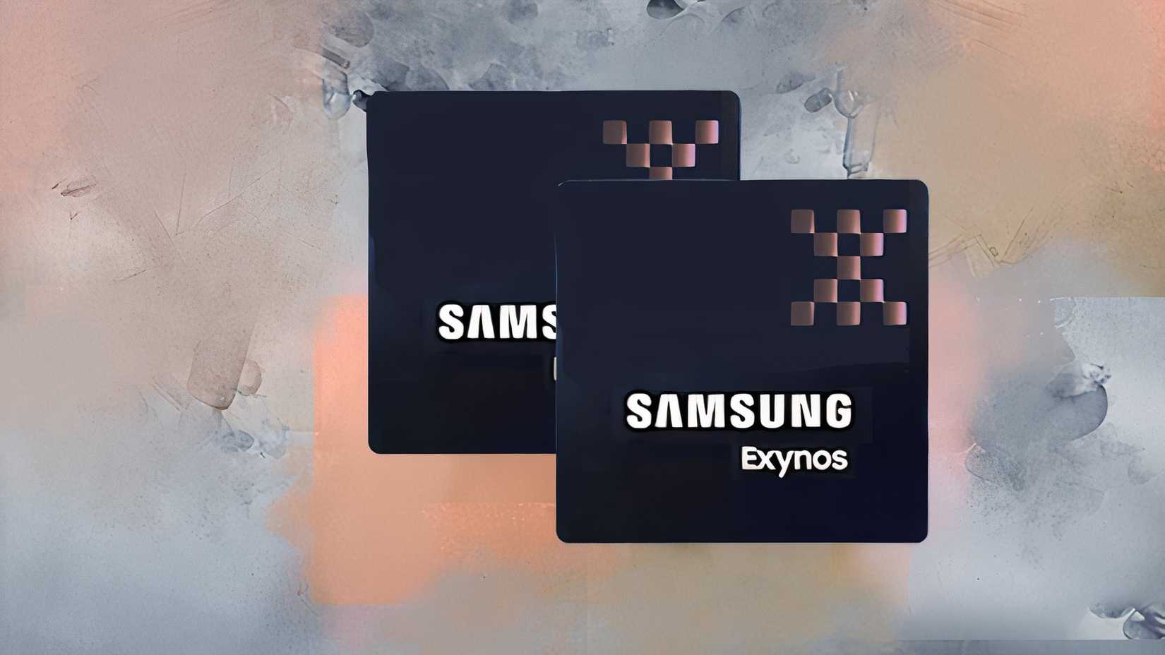A render of two Samsung Exynos SoCs against an impressionist background
