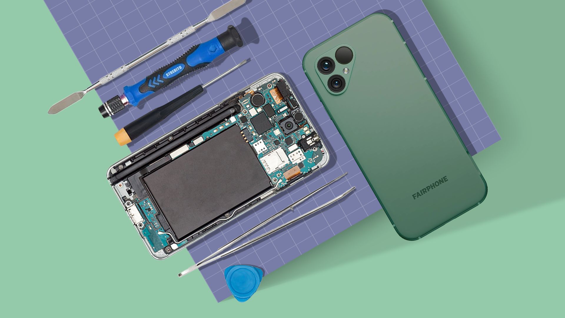 Una superficie con due smartphone e strumenti di riparazione