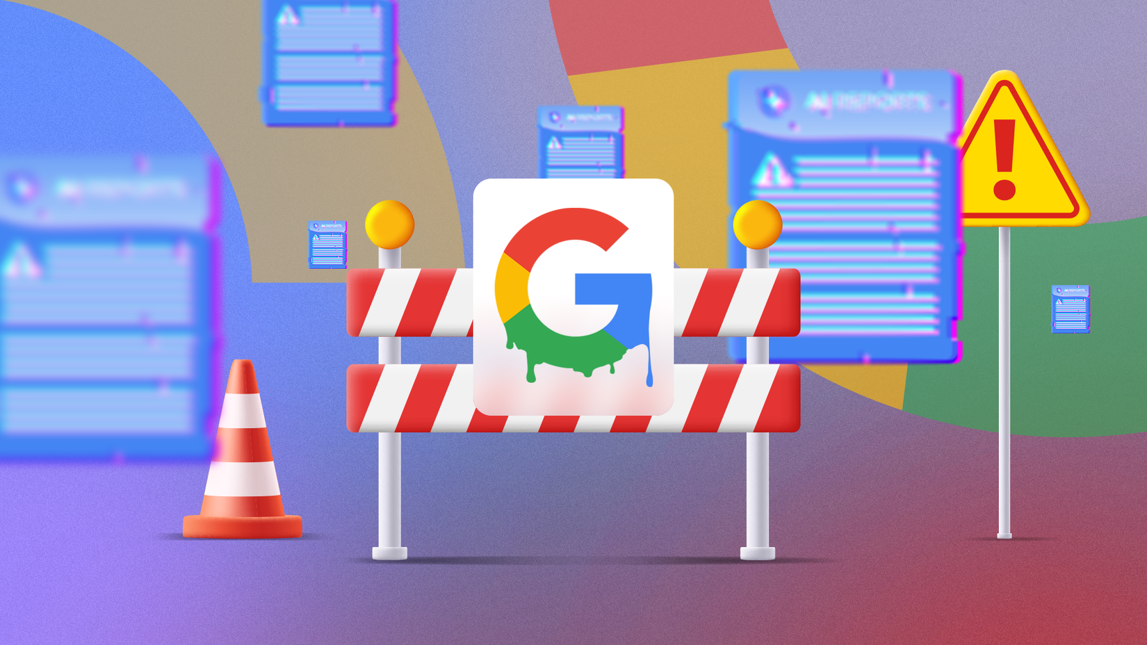 Warning signs with some blurred reports around and the Google logo melting in the center.