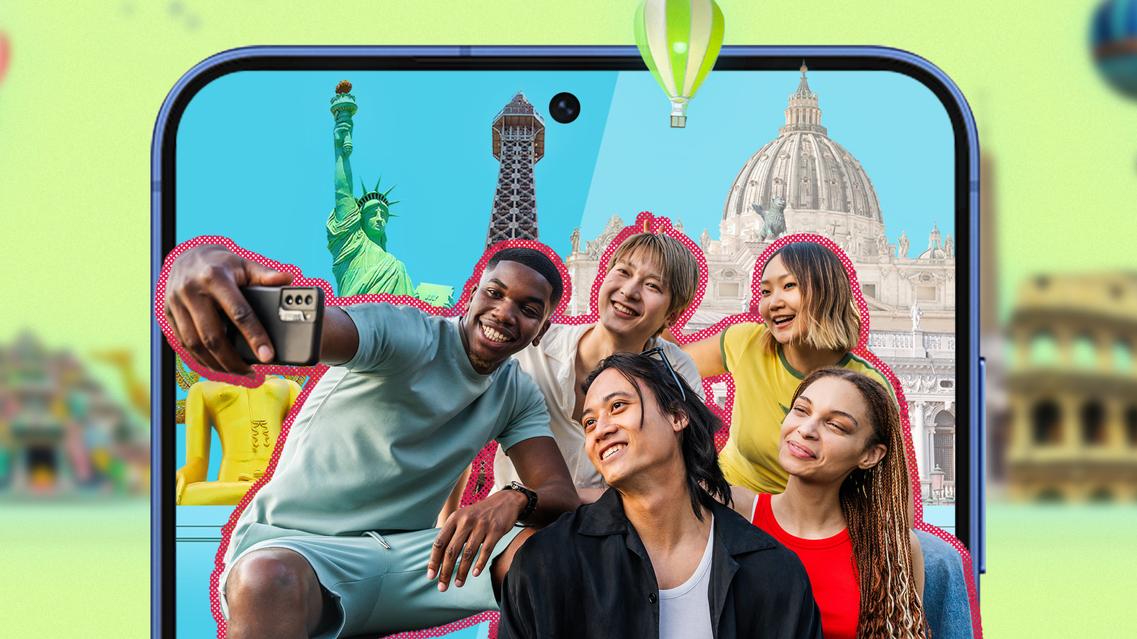 Um grupo de turistas tirando uma foto com vários pontos turísticos ao fundo.