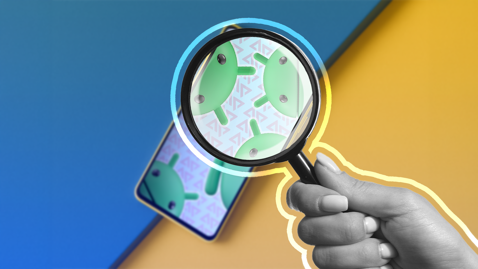 A hand holding a magnifying glass over an Android phone showing multiple Android logos on the screen