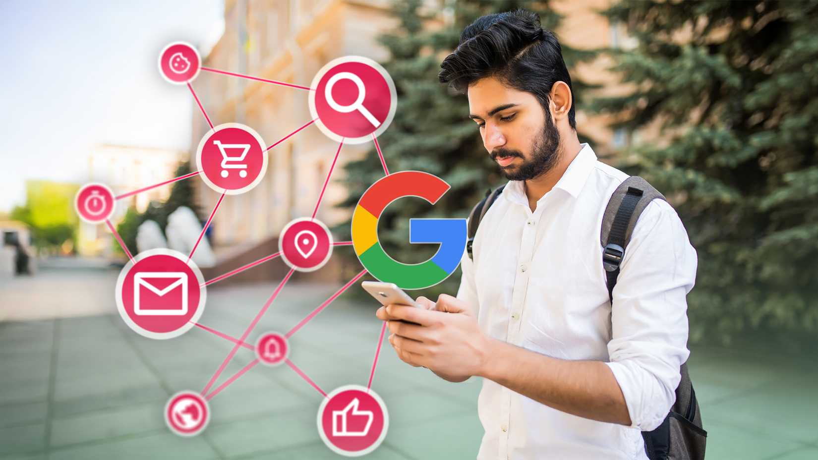 Um homem usando seu telefone cercado por vários ícones representando sua atividade, todos conectados ao logotipo do Google.