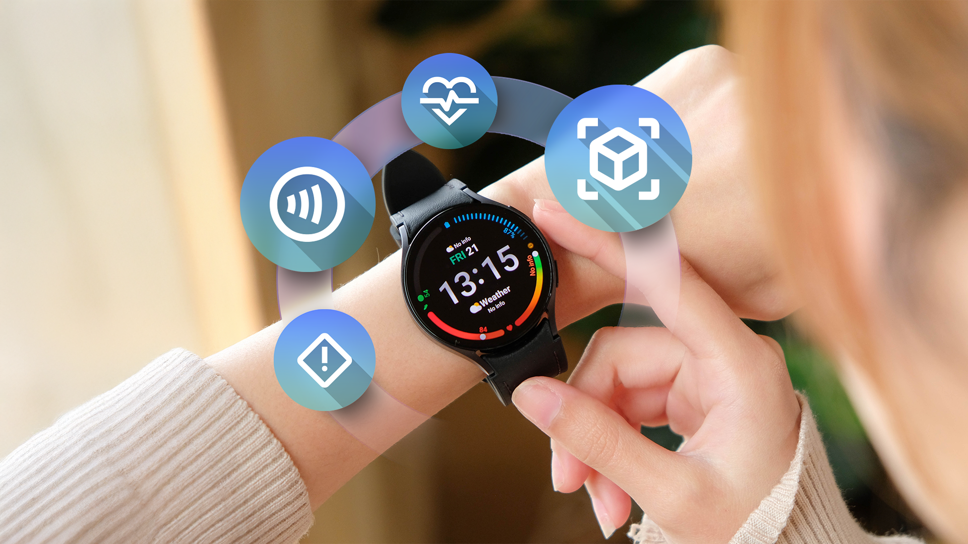Persona che utilizza un Galaxy Watch con icone mobili che mostrano funzionalità come frequenza cardiaca, pagamenti contactless, avvisi e AR.