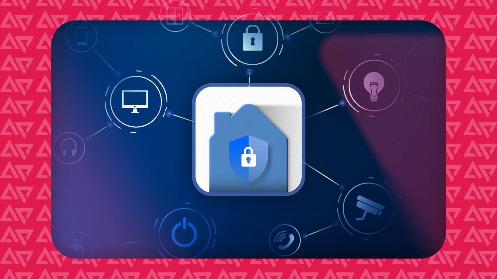A smart home icon with a security shield at the center.