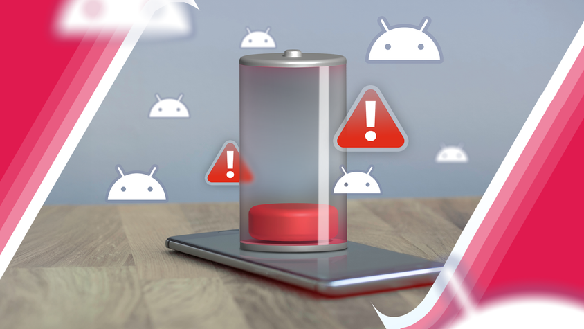 A smartphone with a low battery icon above the screen and Android icons around it.