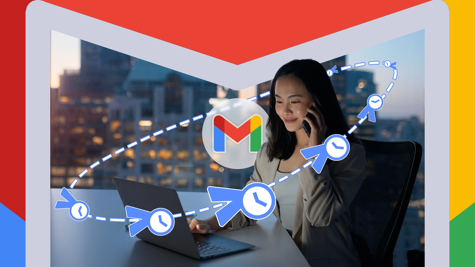 A woman in an office using her laptop, the Gmail logo at the center, and scheduled message icons around it.