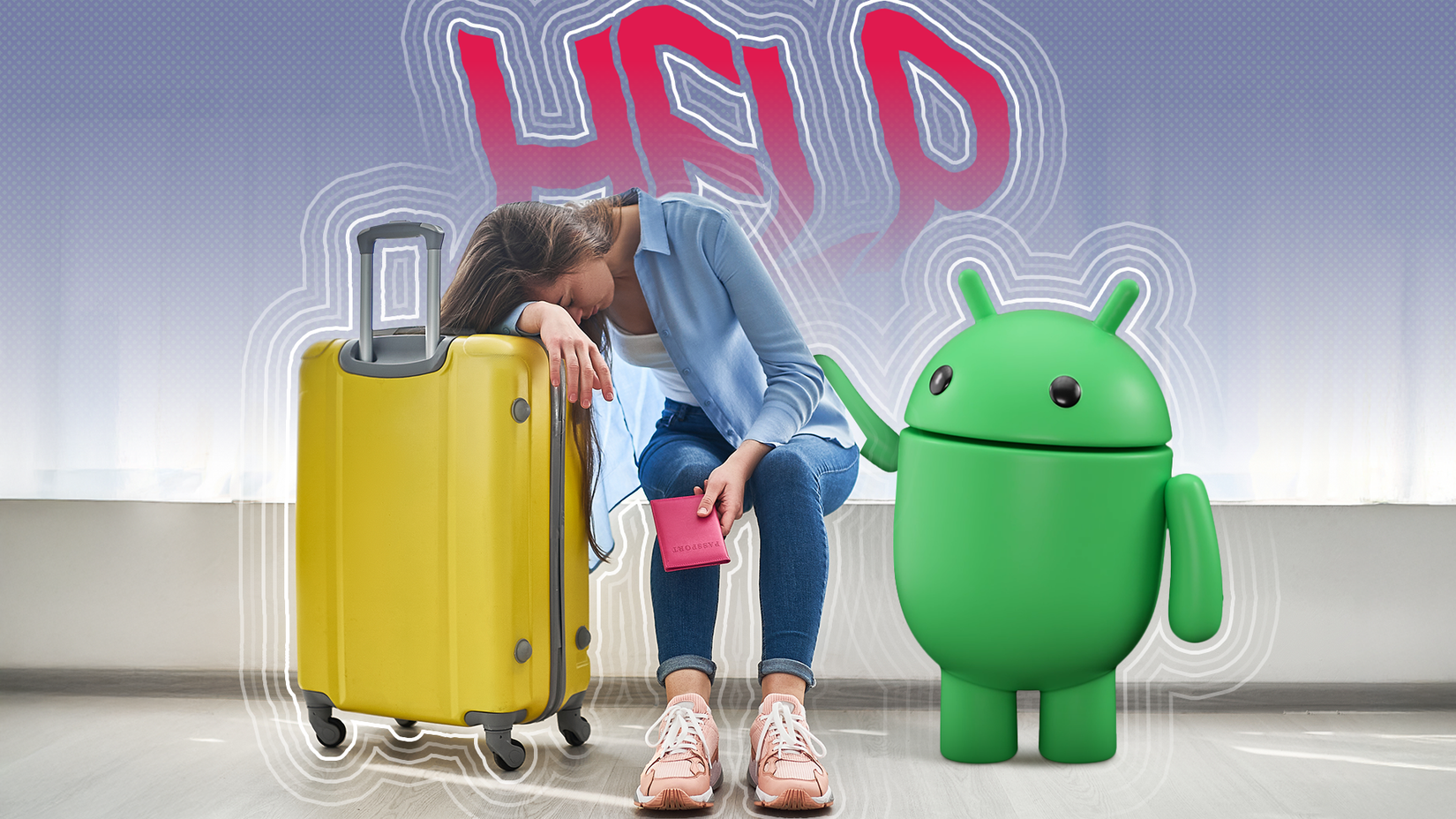 A woman sits next to a yellow suitcase, looking distressed with her head resting on her arm, holding a pink passport, while the Android mascot stands beside her under a large "HELP" sign in the background