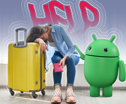 A woman sits next to a yellow suitcase, looking distressed with her head resting on her arm, holding a pink passport, while the Android mascot stands beside her under a large