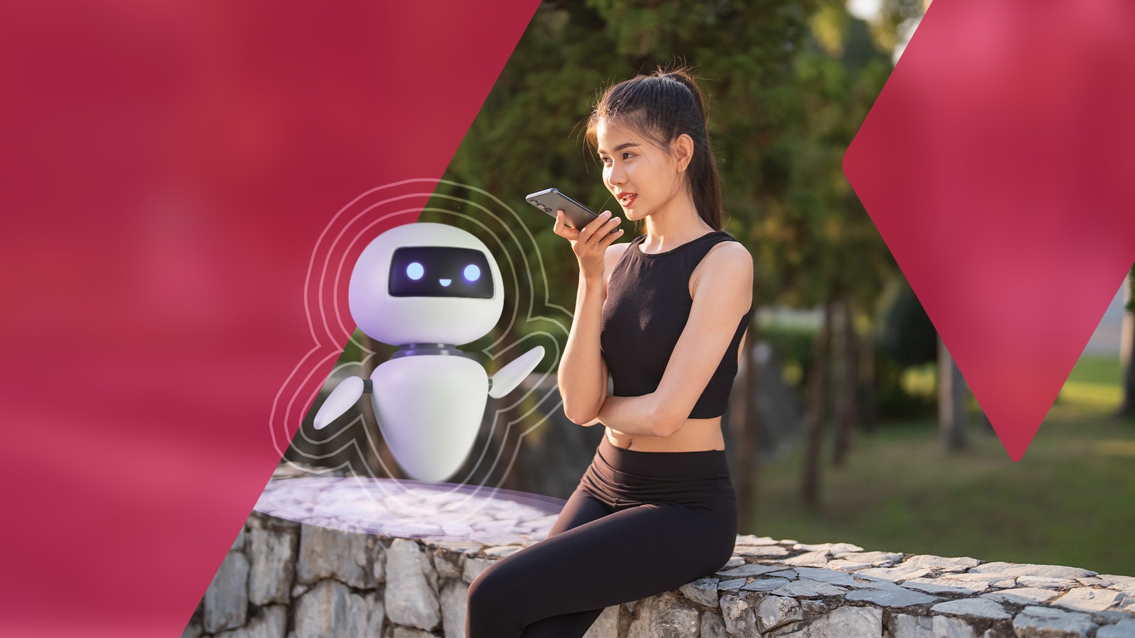 Uma mulher sentada usando o assistente de voz em seu telefone, com um robô de IA ao lado dela.