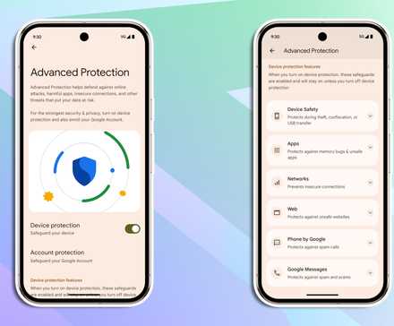 Screenshots of Android 16's Advanced Protection settings.
