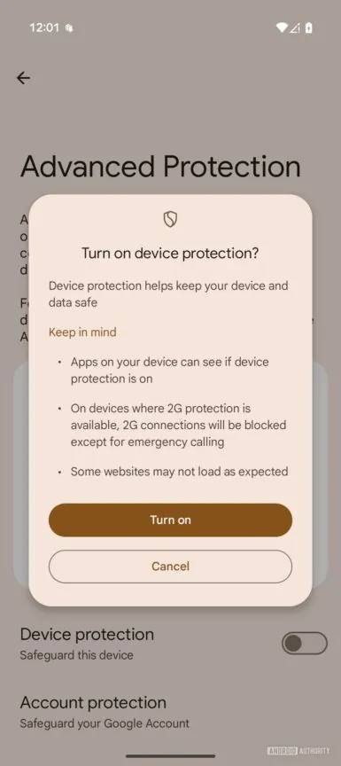 A screenshot of Android 16's Advanced protection mode live in QPR1 Beta 1.