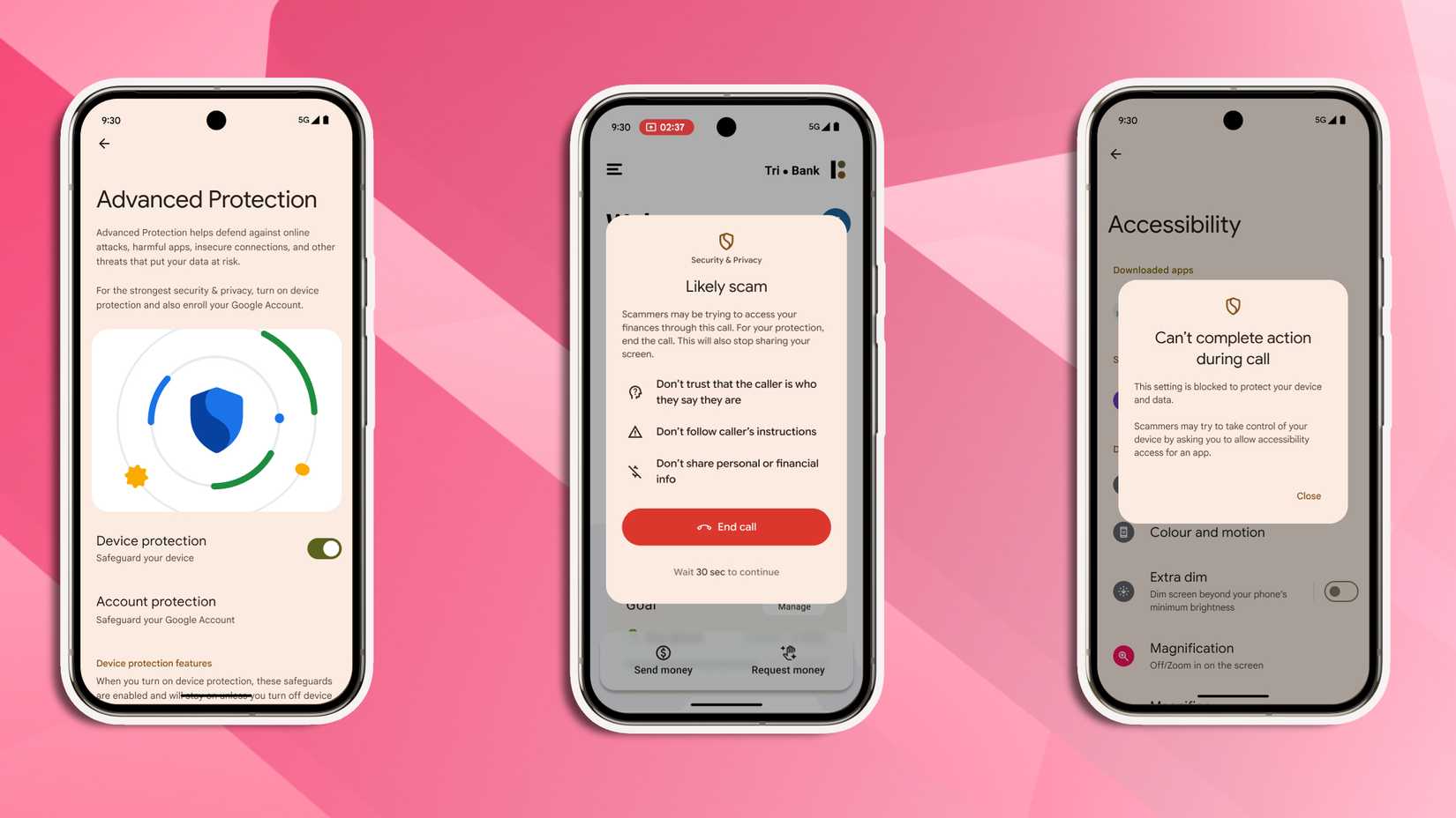 Screenshots of Android 16's Phone scam detection features.