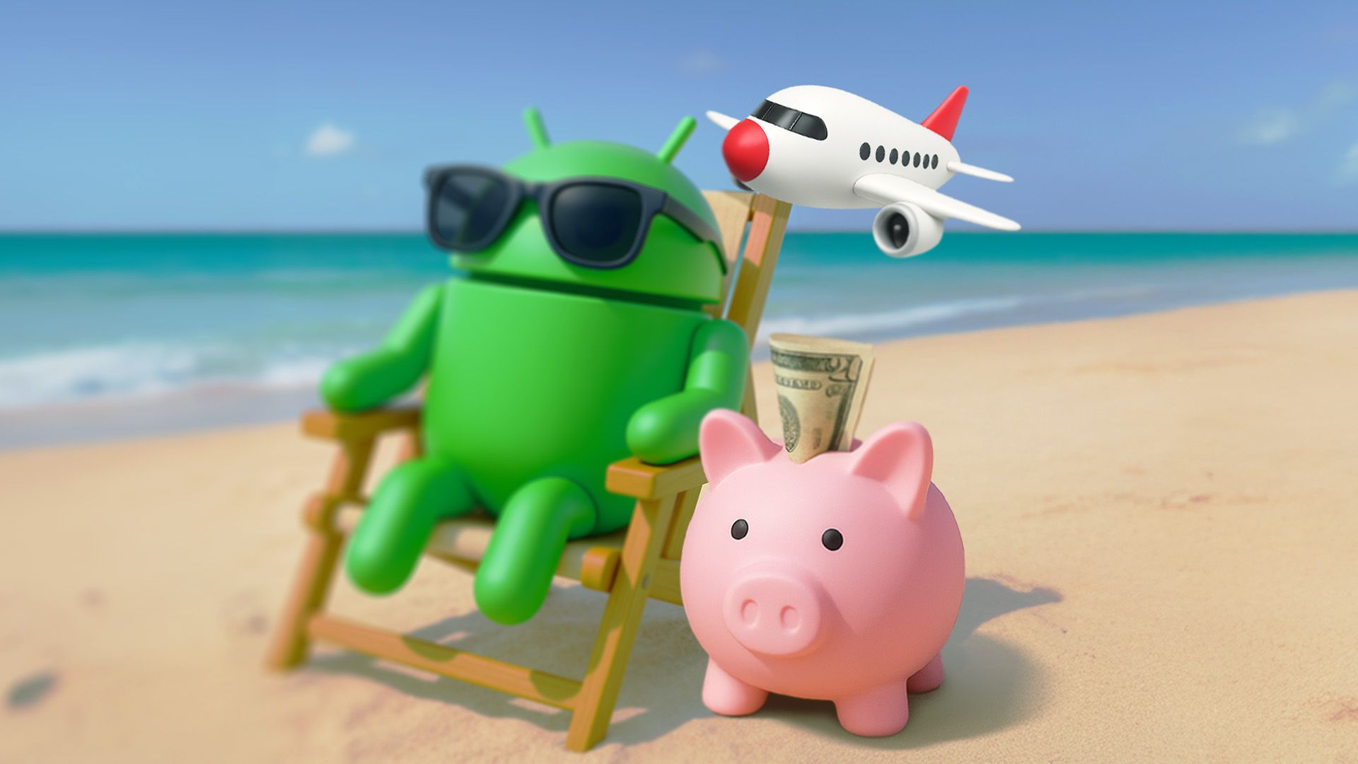 Mascotte Android sdraiata su una sedia a sdraio con un aereo e un salvadanaio accanto