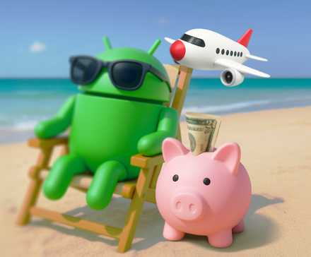 Android mascot lying on a beach chair with a plane and a piggy bank beside it