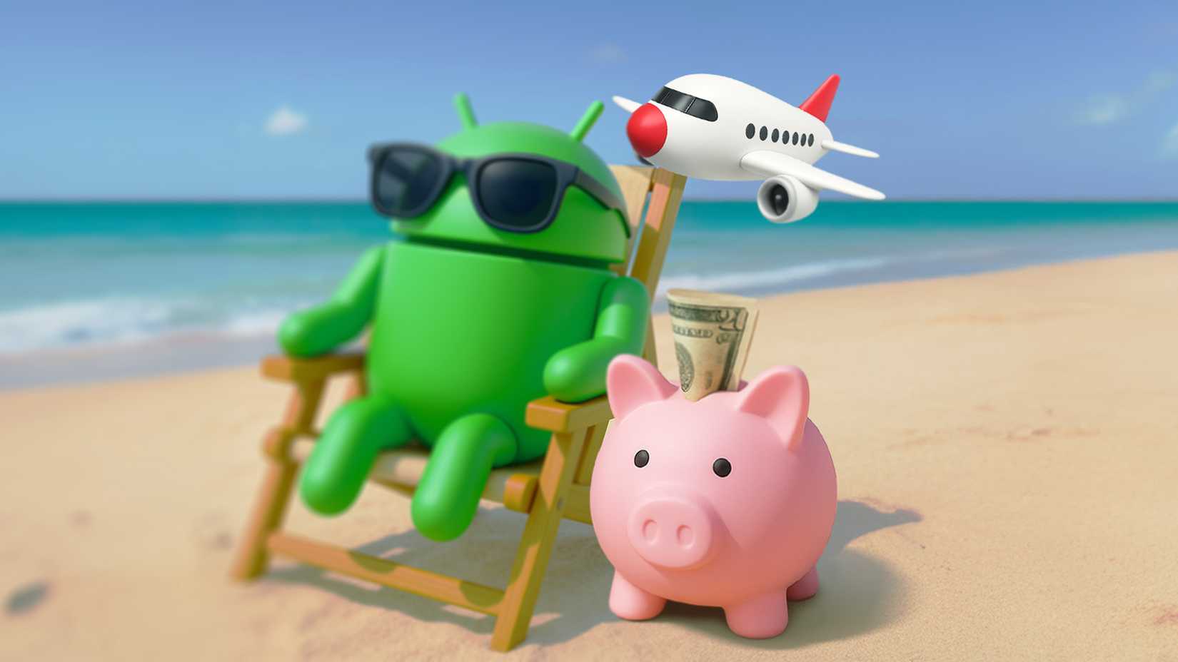 Android mascot lying on a beach chair with a plane and a piggy bank beside it