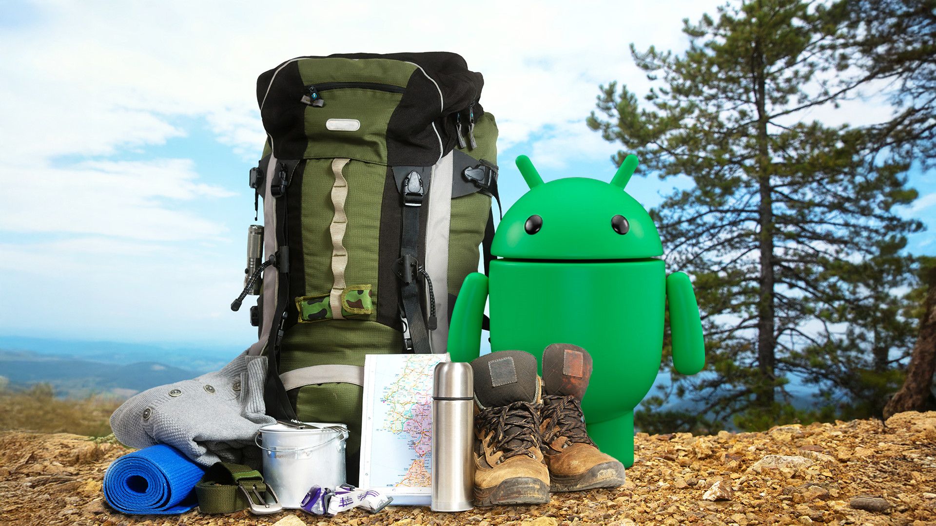 Mascotte Android accanto a uno zaino da trekking con qualche attrezzatura avventurosa in giro.