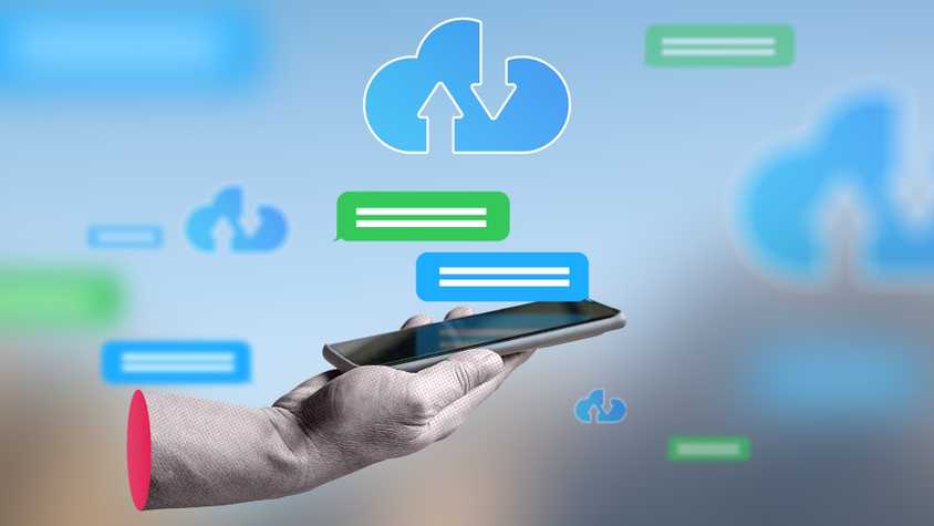 A hand holding a smartphone with some message bubbles above the screen and a backup icon.