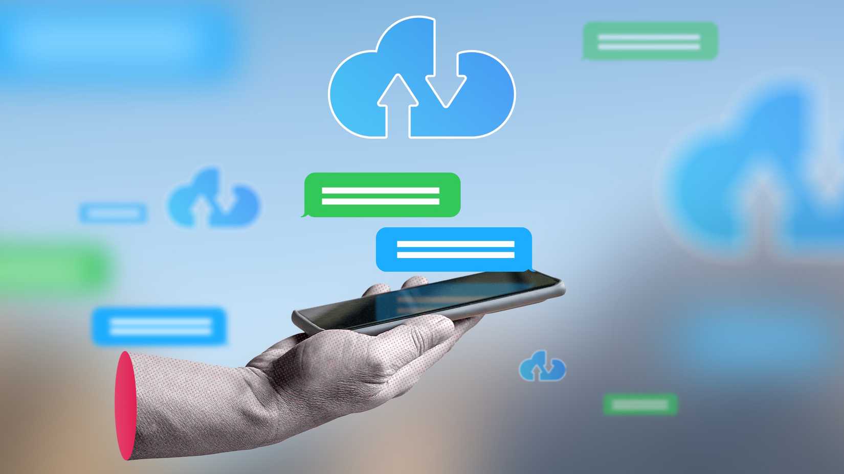 A hand holding a smartphone with some message bubbles above the screen and a backup icon.
