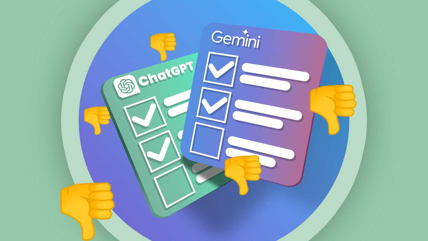 Illustration of two checklists, one labeled Gemini and another ChatGPT, with several thumbs down around it
