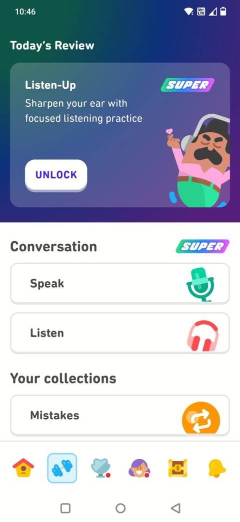 Screenshot dell'app Duolingo che mostra la pagina Esercizi