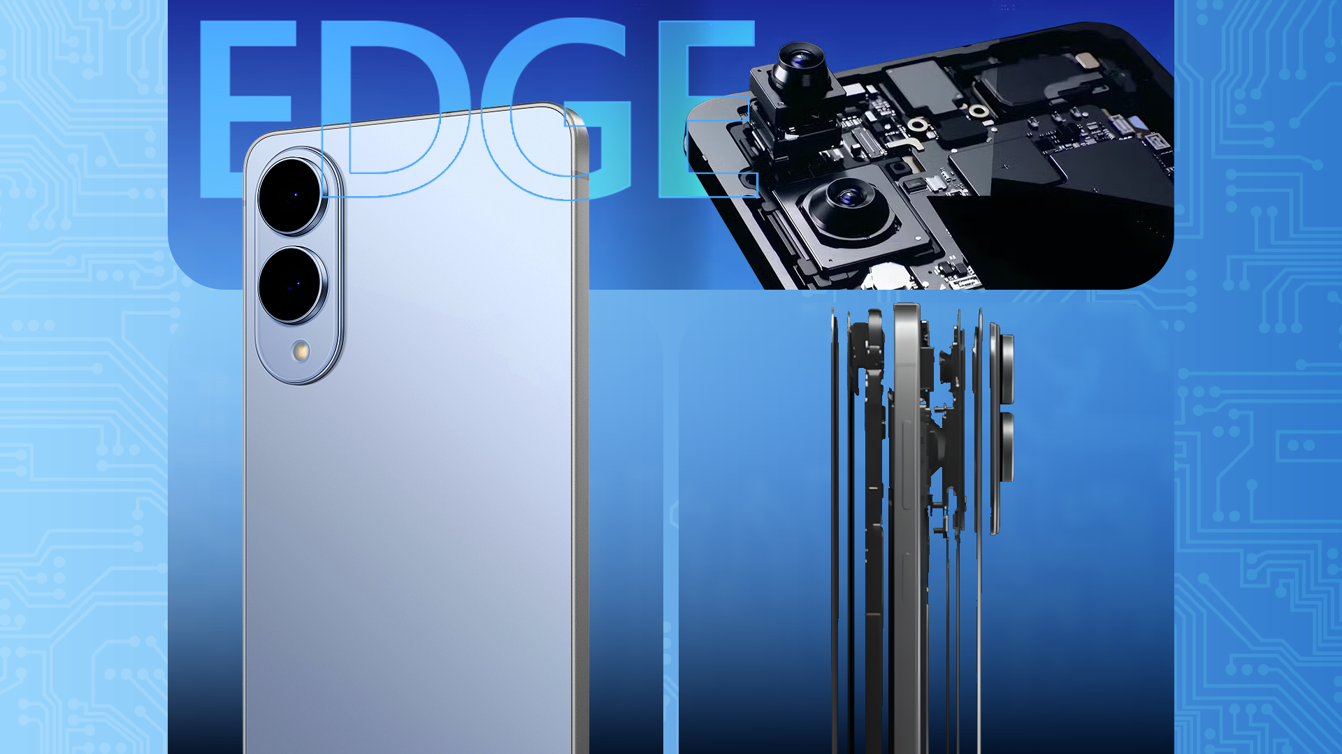Galaxy S25 Edge with detailed views of its camera system and internal engineering.