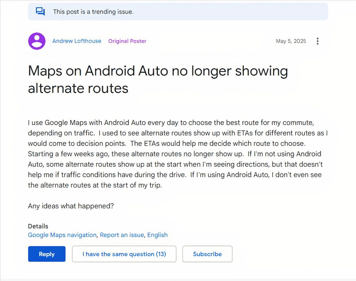 Alternate routes vanish from Google Maps for some