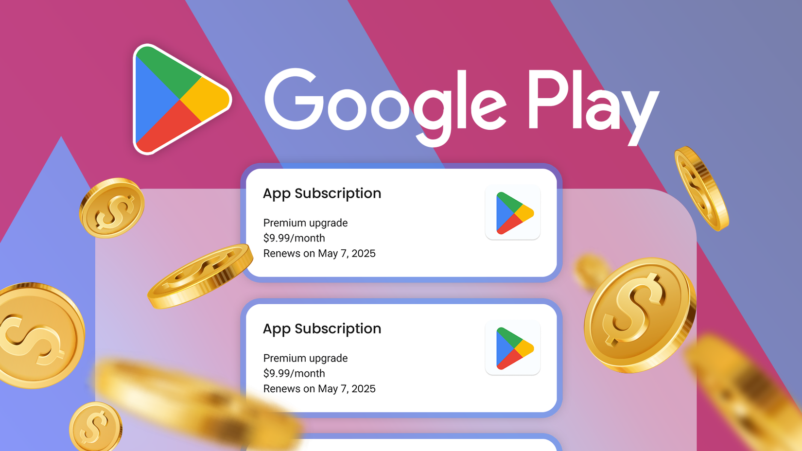 Logotipo do Google Play com algumas assinaturas de aplicativos abaixo e diversas moedas ao redor.