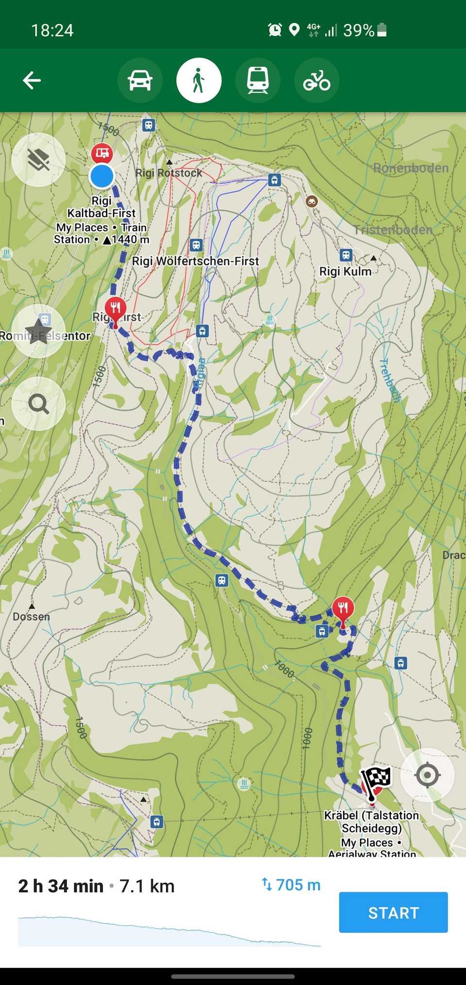 as screenshot of the organic maps app displaying a route and terrain map