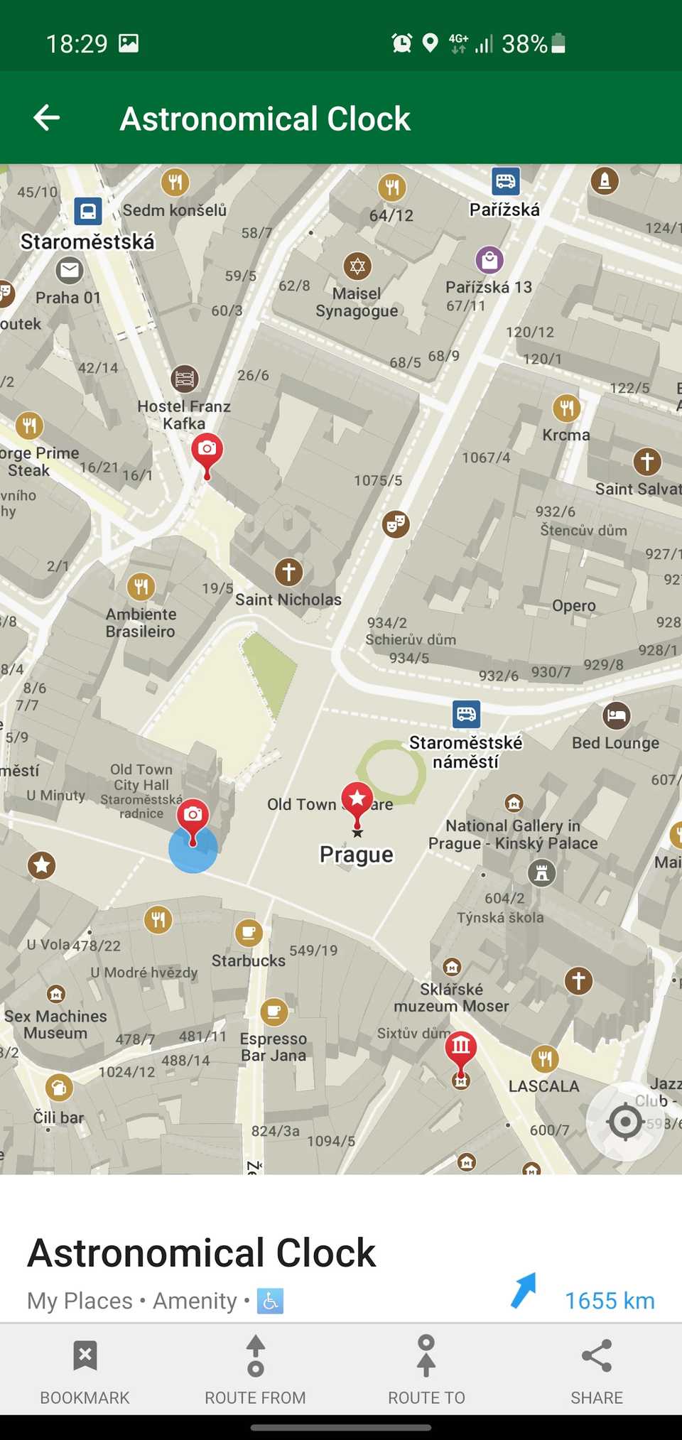 a screenshot of organic maps app displaying the Prague city center
