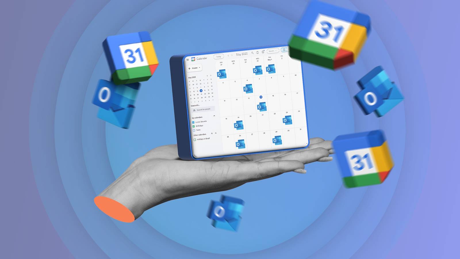 A hand holding a Google Calendar interface filled with Outlook icons, surrounded by floating logos of Google Calendar and Outlook.
