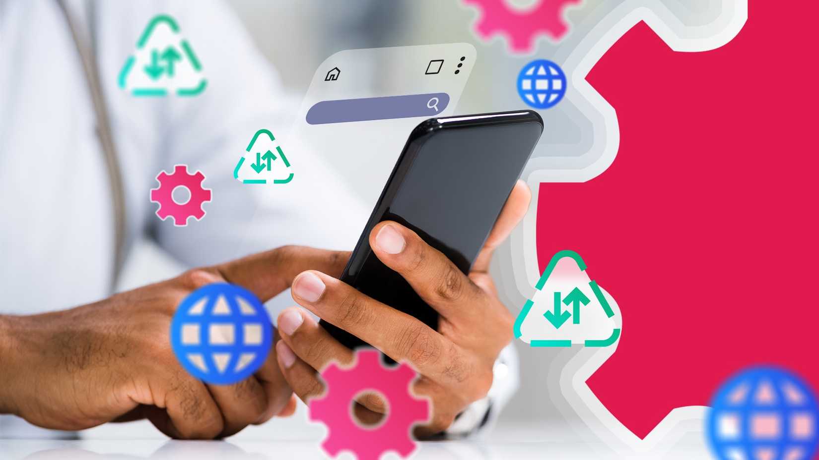 Person holding smartphone with browser and settings icons around it