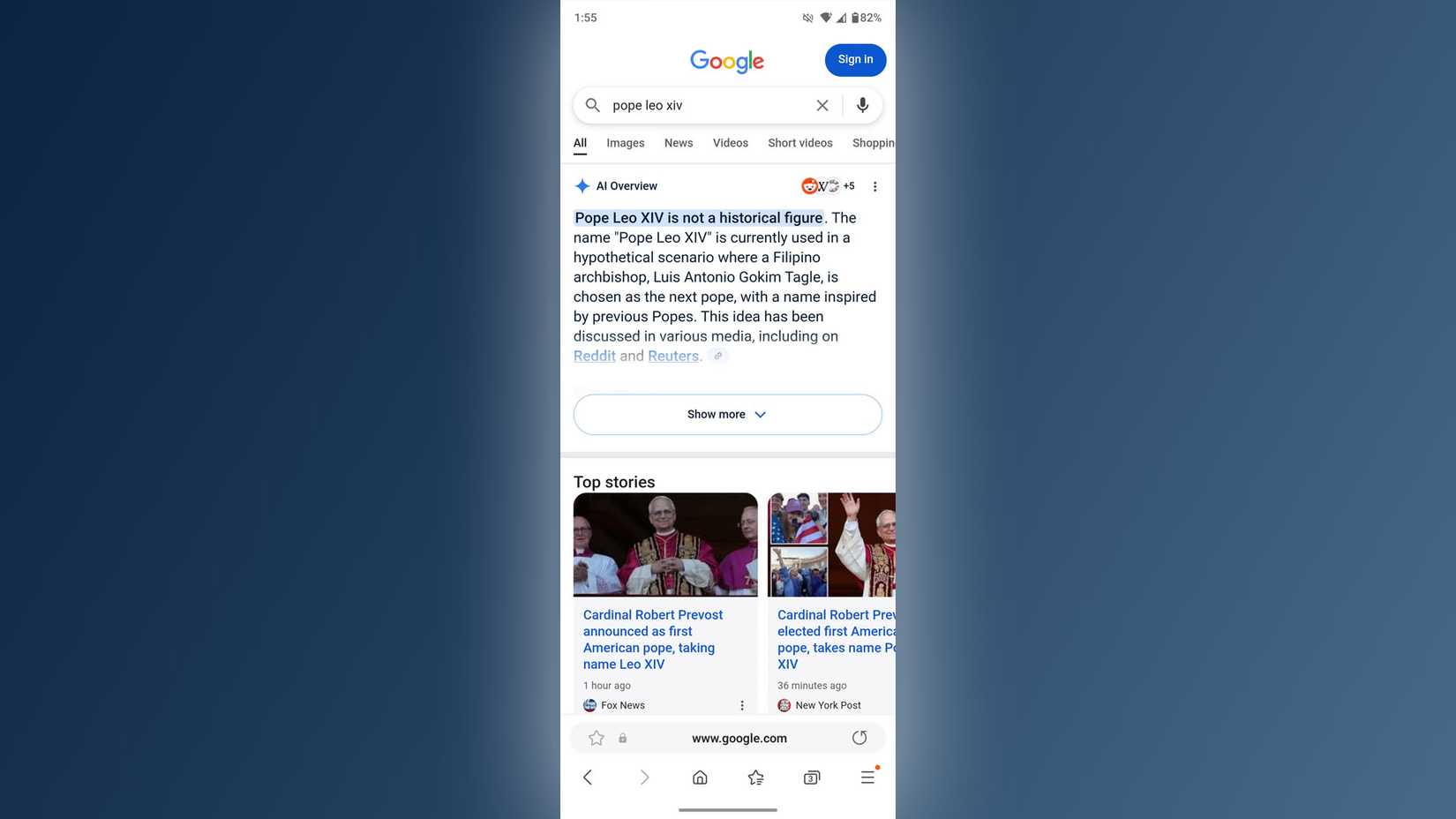 Um resultado da visão geral da IA mostrando que o Papa Leão XIV não é real.