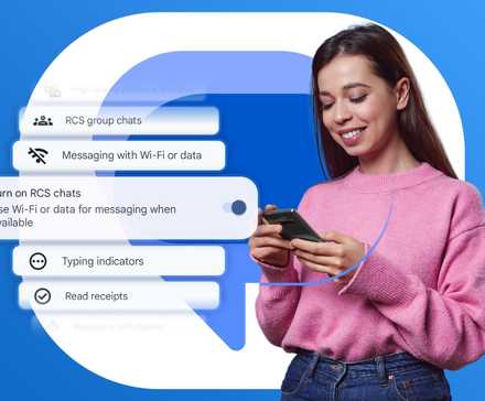 Some series recommendations with a reset button above showing a woman messaging on her phone with RCS enabled and the Google Messages logo in the background.