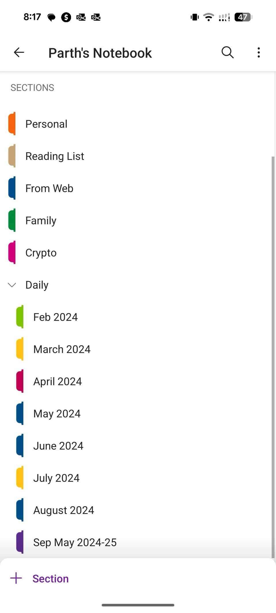 Elenco delle sezioni di OneNote