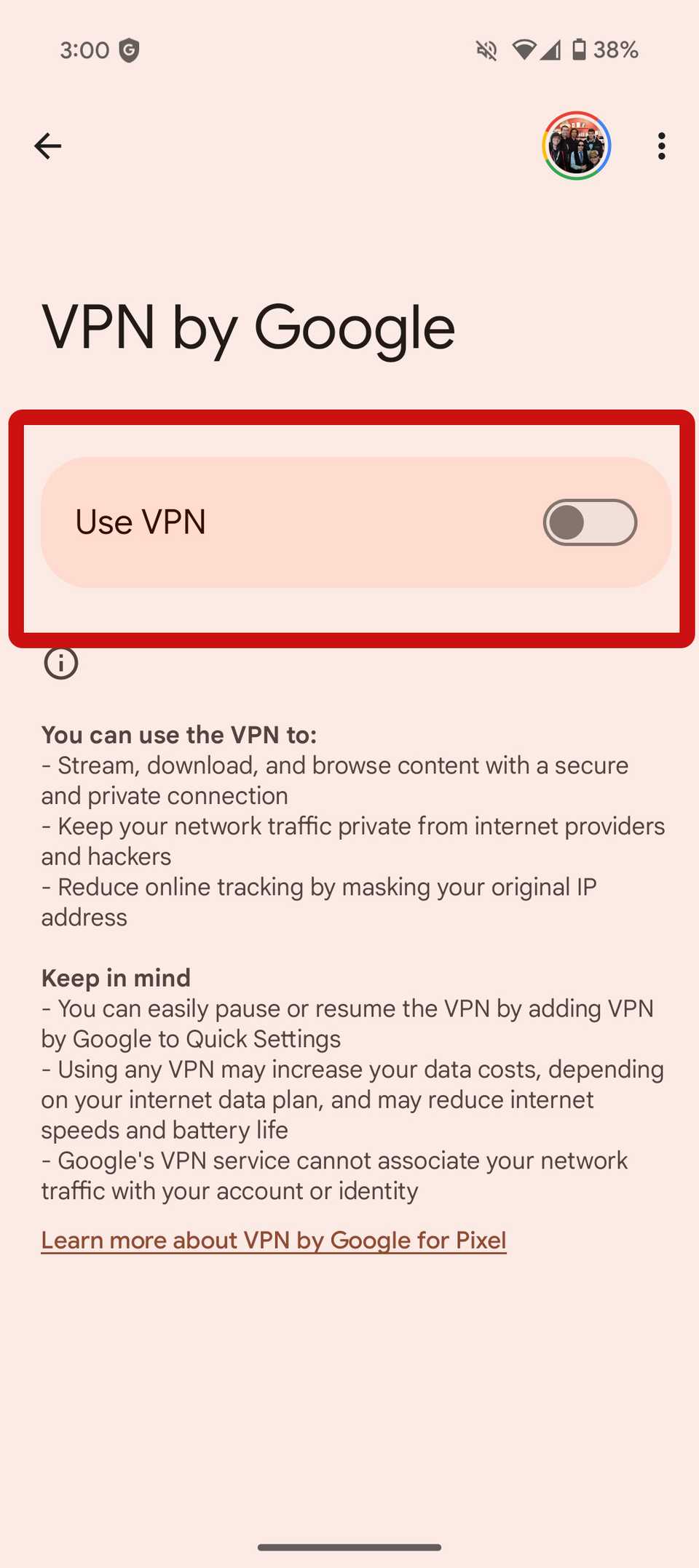 لقطة شاشة لـ Pixel 9a VPN بواسطة إعدادات جوجل مع وضع علامة استخدام VPN