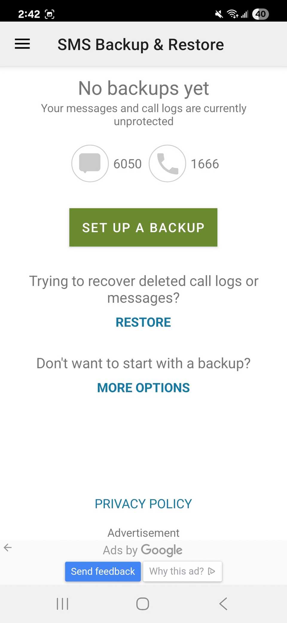 Starting a backup on the SMS Backup & Restore app with the Set up a backup button