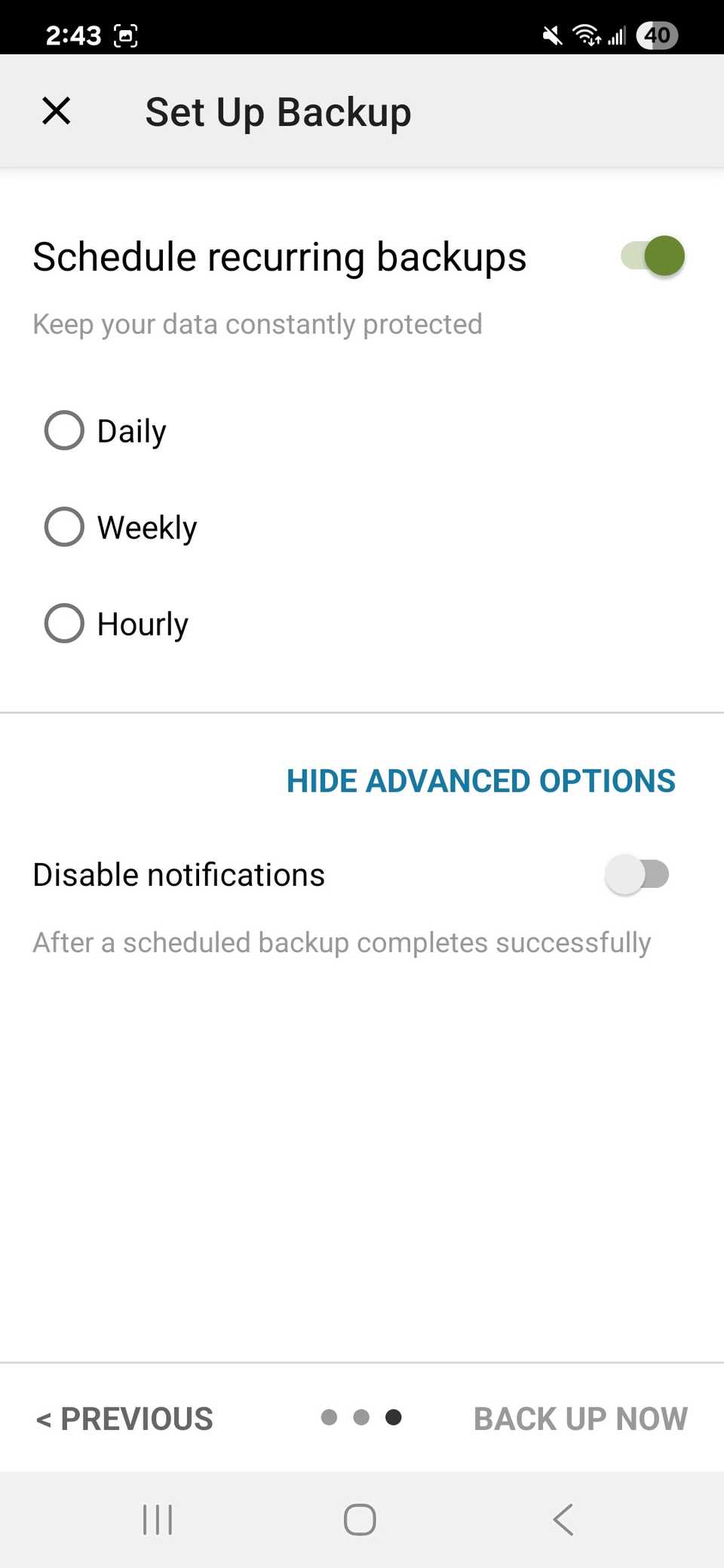 Schedule recurring backups options in the SMS Backup & Restore app with radio buttons for daily, weekly, and hourly with disable notifications toggle in the advanced options