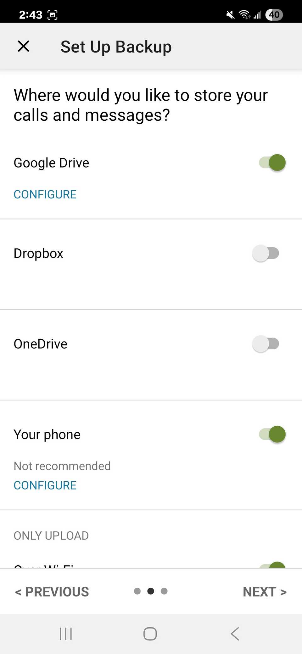Toggled on backup location options in the SMS Backup & Restore app