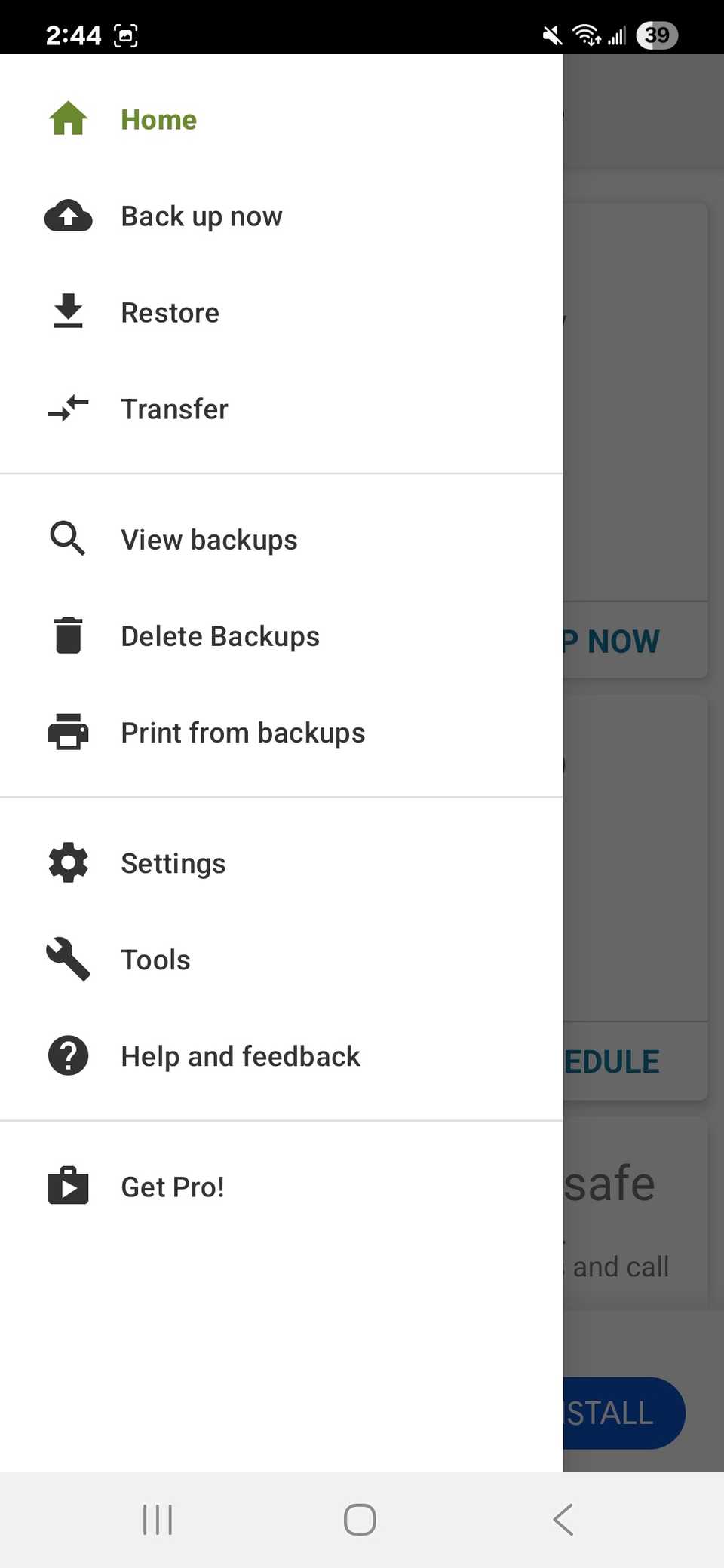 A list of options on the side navigation menu in the SMS Backup & Restore app